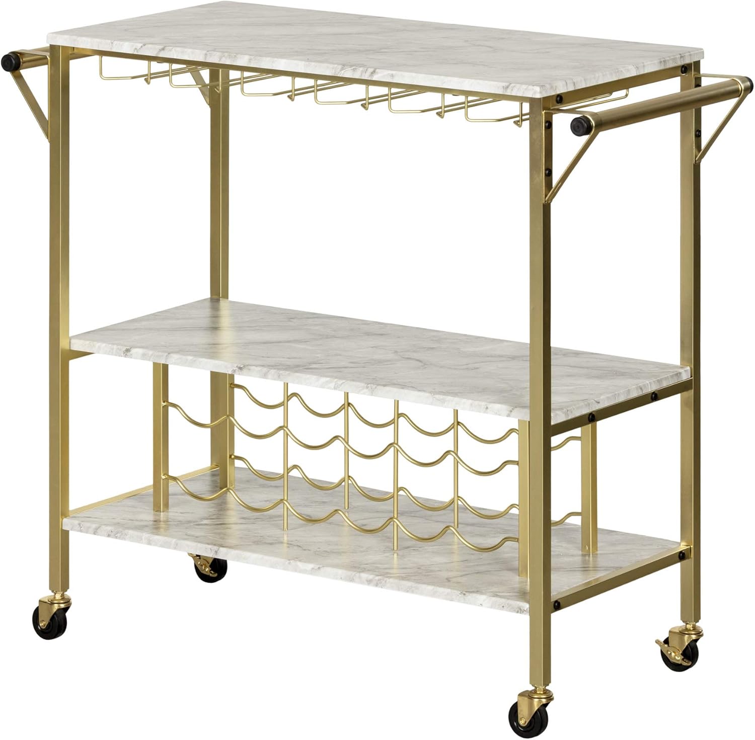 South Shore Maliza Bar Cart Bottle Storage and Wine Glass Rack-Faux Marble and Gold : Everything Else