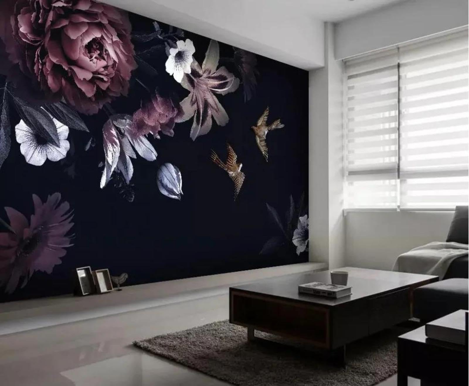 Papier peint 3d fleurs et oiseaux créant une ambiance nature dans la chambre