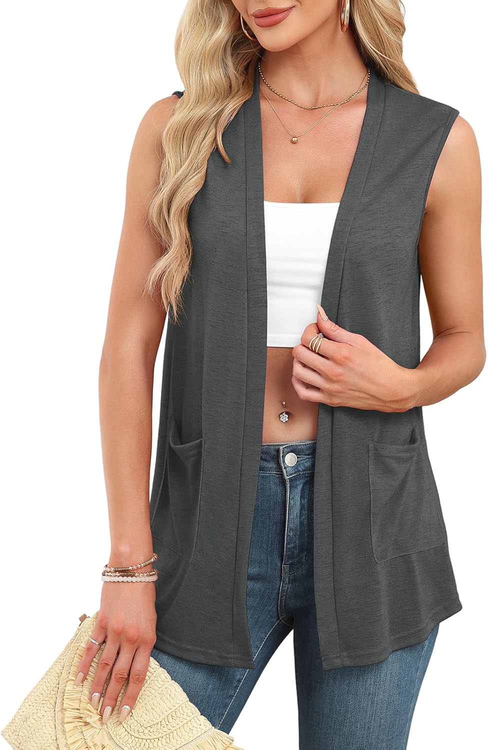 Summer Vest for Women Lightweight Fashion Casual Soft Knit Sleeveless Cardigan Curved Hem with Cozy Pockets (S-3XL)