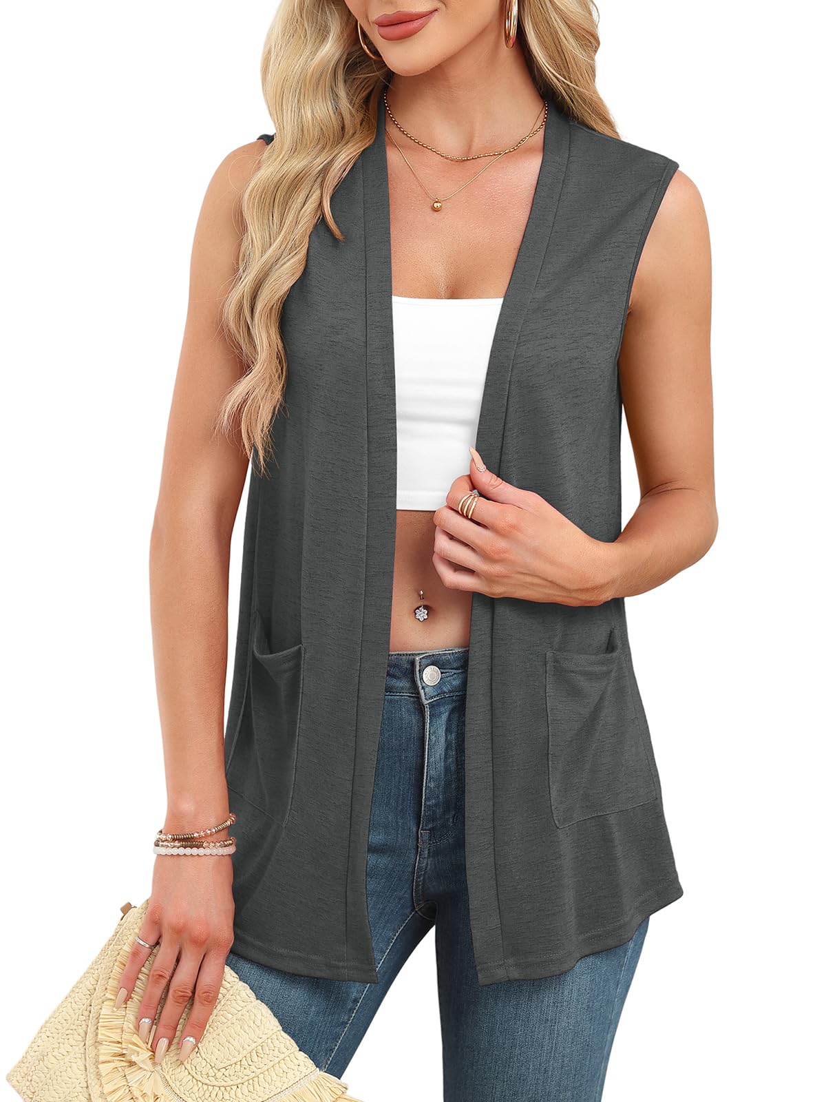 Veryoung Summer Vest for Women Lightweight Fashion Casual Soft Knit Sleeveless Cardigan Curved Hem with Cozy Pockets (S-3XL)