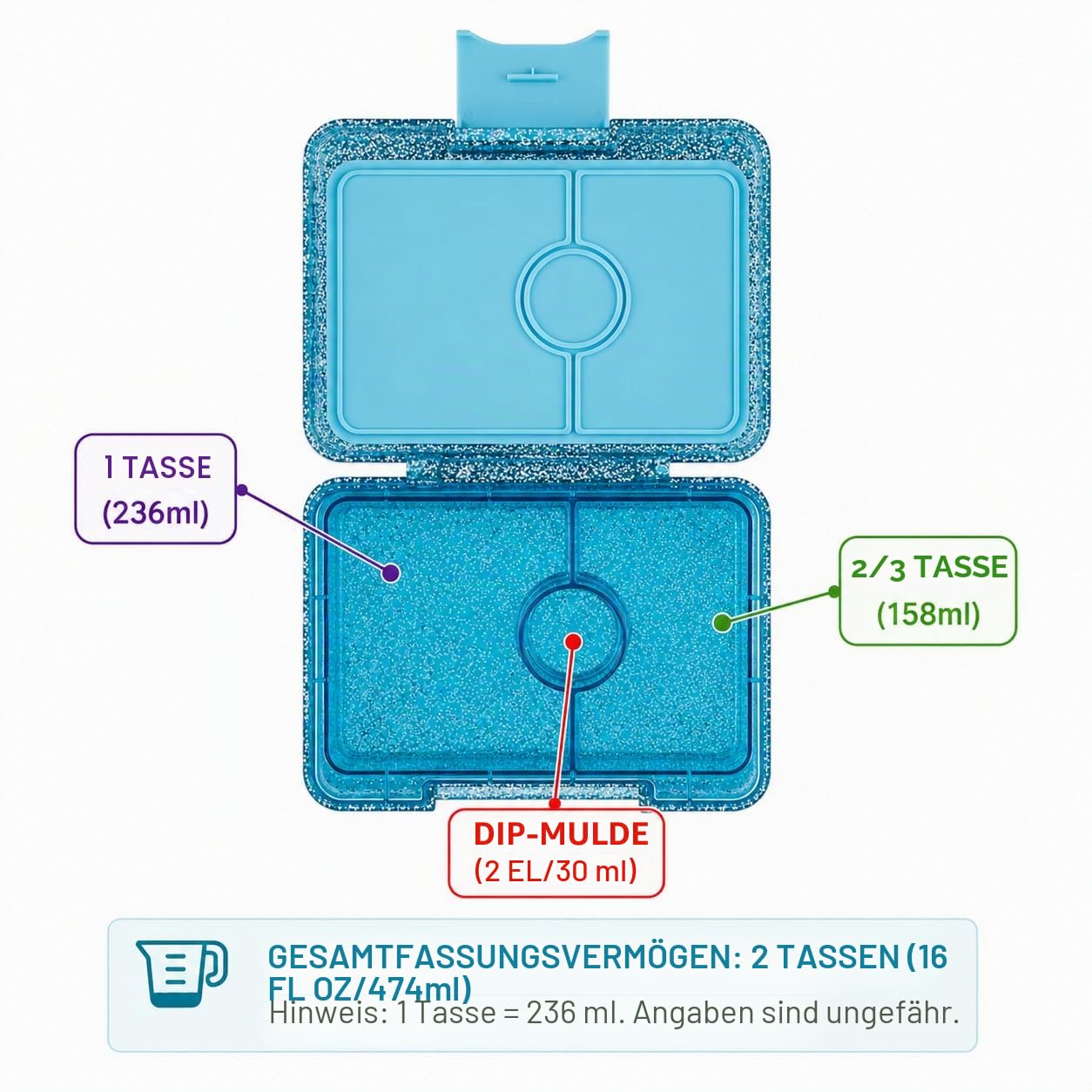 Yumbox Snackbox – Auslaufsicher, BPA-frei, 3-Fächer-Snackbehälter für Kinder und Erwachsene – Tragbar, leicht und einfach zu reinigen – Ideal für Obst, Gemüse, Cracker und Dips (Glitzerblau)