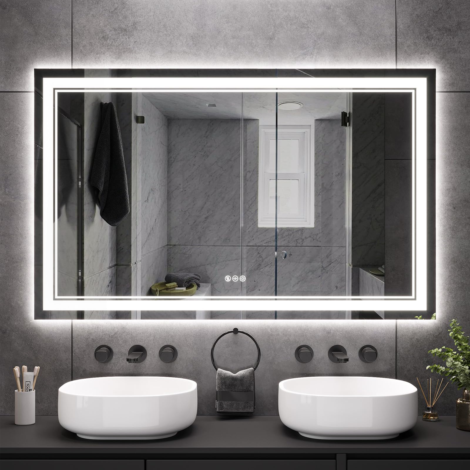 Trsury 48 x 30 Inch Led Bathroom Mirror with Front and Backlight, Wall-Mounted Vanity Mirrors with Dimmable 3 Color Lights, Anti-Fog and Memory (Horizontal/Vertical)