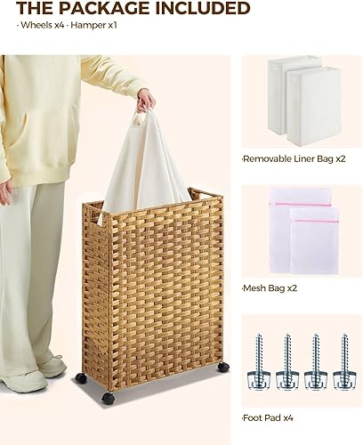 Miniatura 3 de Greenstell Cesta para la ropa sucia con ruedas, cesta de lavandería delgada de 17.4 galones (66L) con 2 bolsas extraíbles y 2 bolsas de malla, cesta