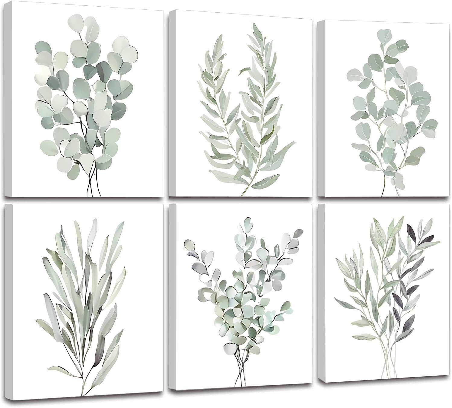 Botanical Plant Canvas Wall Art,Boho Wall Decor for Bathroom,Minimalist Aesthetic Bedroom Wall Art,Light Green Botanical Art Painting for Office,Set of 6(8”x 10”,Framed)