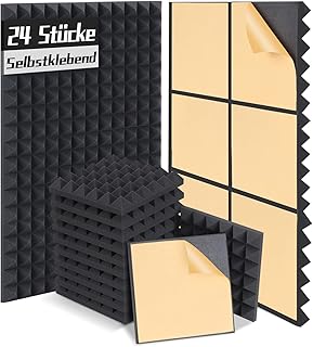 Akustikschaumstoff Selbstklebend, 24 Stück Akustikpaneele Schalldämmung, Pyramidenschaum Schwarz Hochdicht, Schallschutz für Tonstudio Aufnahmestudio Büro Zuhause, 30 x 30 x 5 cm