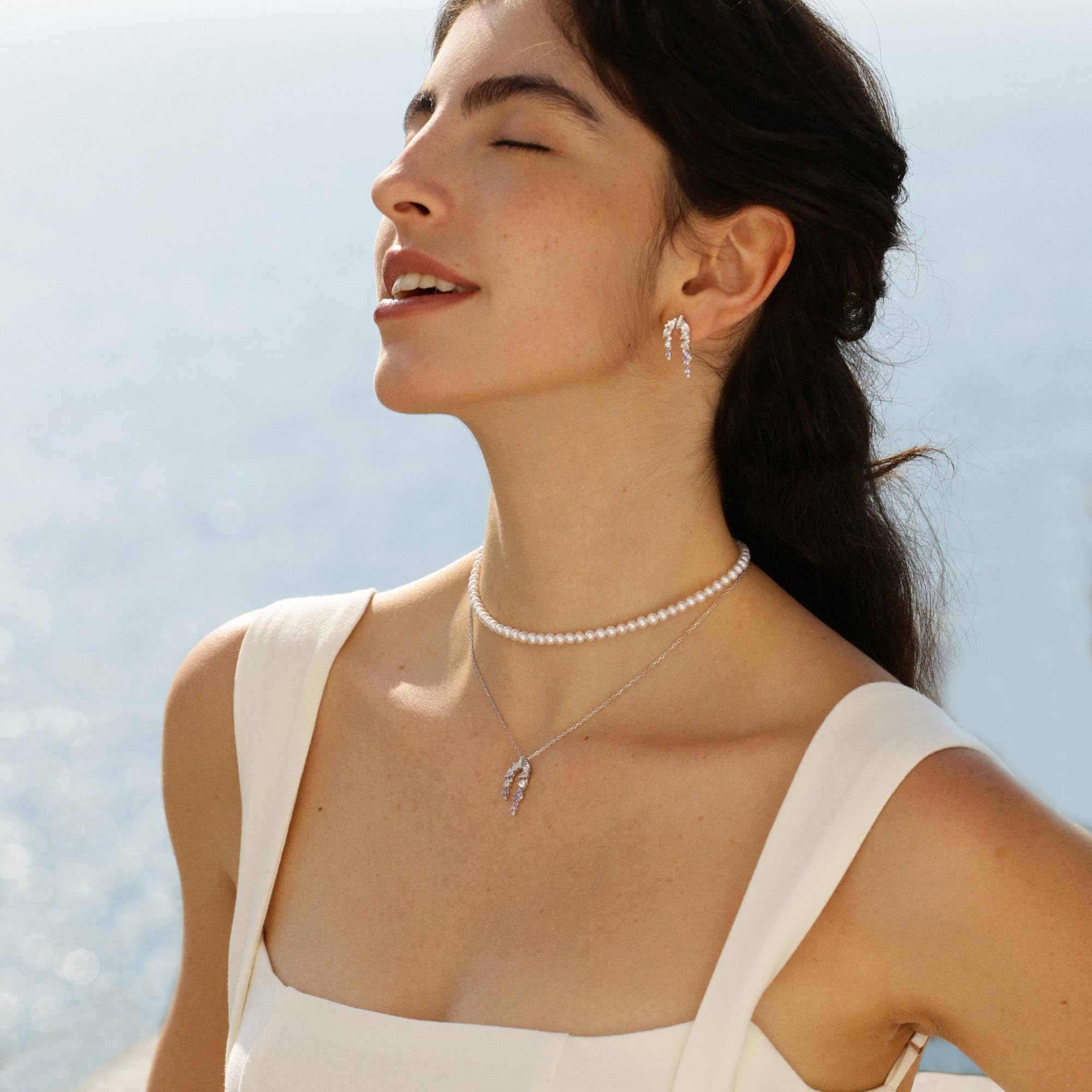 FANCIME Blooming Wisteria Blühende Glyzinie Schmuck Damen Weißgold plattiert Sterlingsilber Kette Simulierter Diamant Zirkonia Anhänger Ohrringe Geschenk Jahrestag Geburtstag Hochzeit für Frau Mutter
