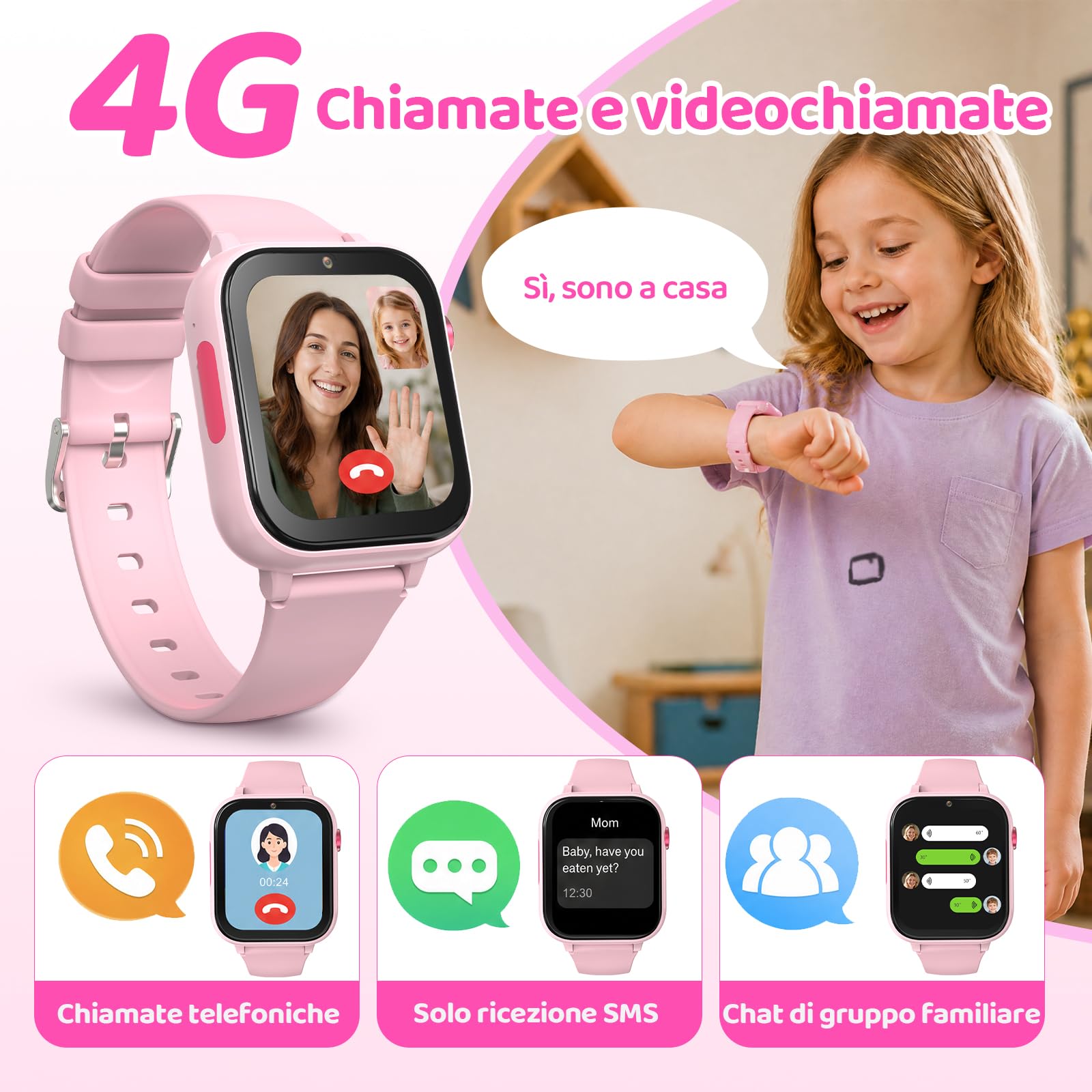 CHAKEYAKE Reloj Inteligente Niño, 4G Llamadas de Voz y Vídeo, GPS, SOS, IP67, Modo Clase, Rastreador de Sueño y Podómetro, Pantalla Táctil de 1.83 Pulgadas, Regalo Ideal para Niños y Niñas 4-12, Rosa