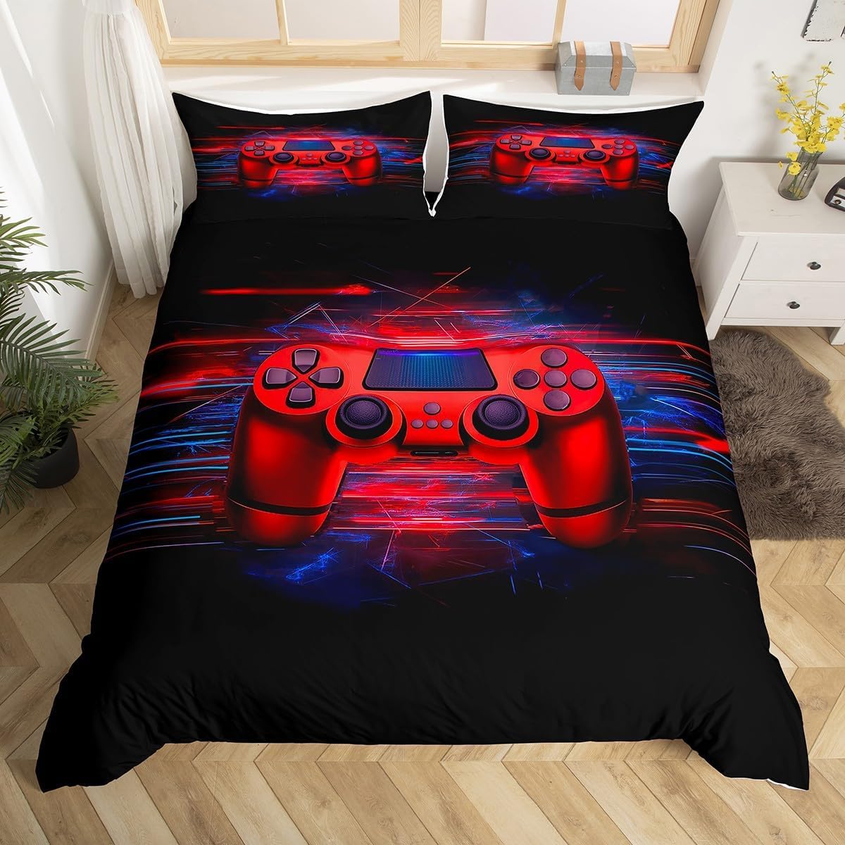 Homewish Jungen Gamepad Bettbezug 155x220,Moderner Roter Gaming Controller Bedruckter Bettbezug,Fashion Gamer Videospiele Dekoratives 2 Stücke Bettwäsche Set mit 1 Kissenbezug,Schwarz