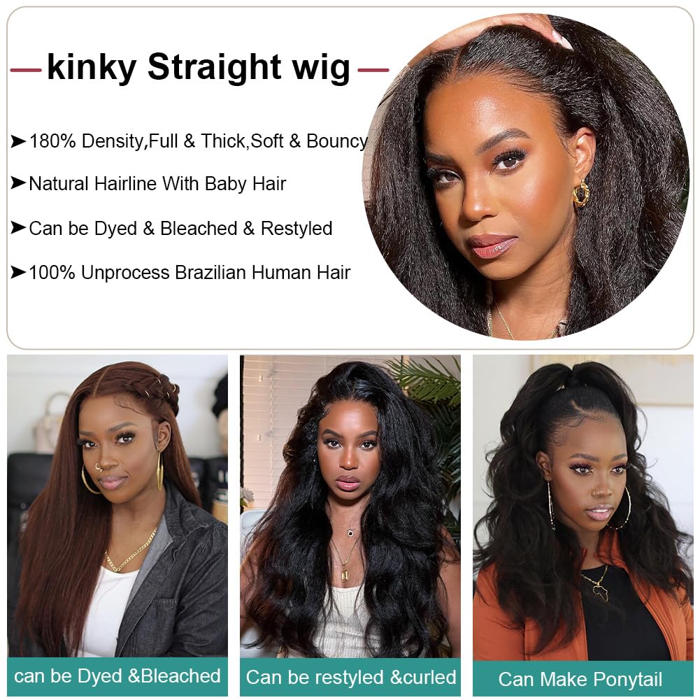 Kinky Straight Wig 18 Inch 180% Density Yaki Straight Human Hair Wig With Pre-Plucked Hairline & Adjustable Straps,Natural Black 13x4 Lace Front Wigs Human Hair For Black Women