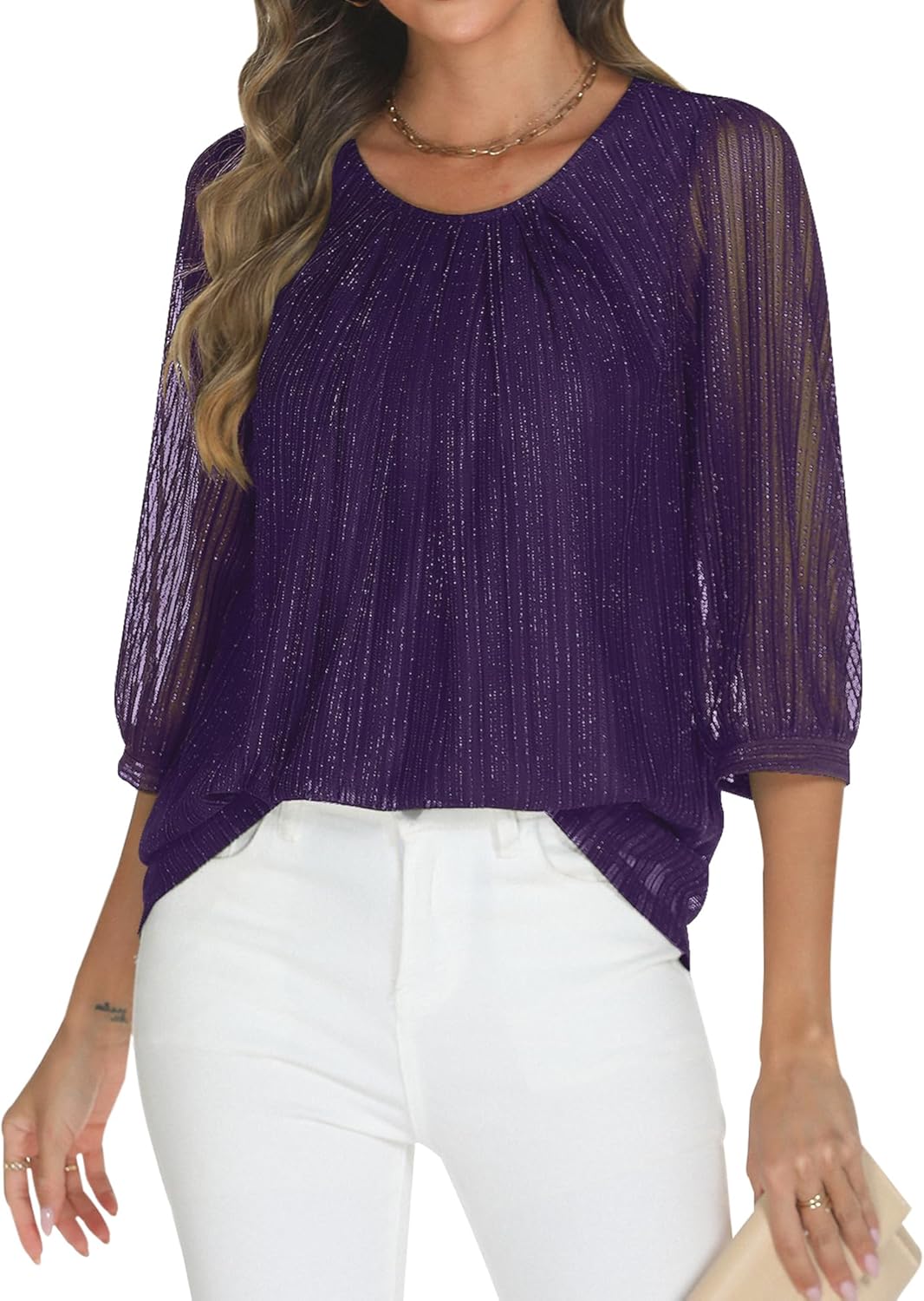 Relipop Womens 3/4 Sleeve Sparkle Top Casual Loose Fit Mesh Pleated Double Layered Tunic Tops