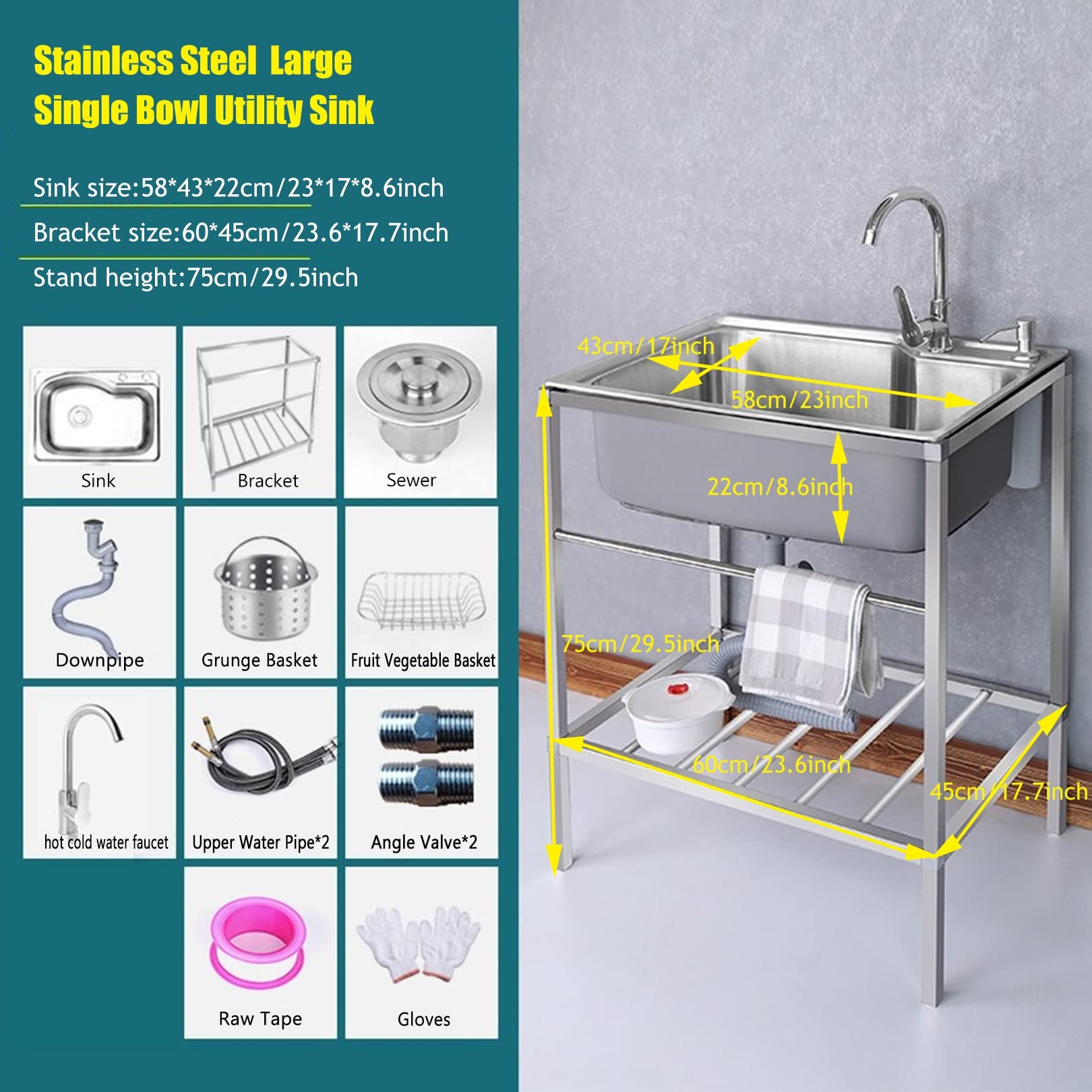 Fregadero pie libre Fregadero de un seno,Acero inoxidable Fregadero utilitario con grifo,fregaderos de cocina con escurridor, para garaje, Restaurante, Cocina, Cuarto de lavado, Interior Exterior ( Co