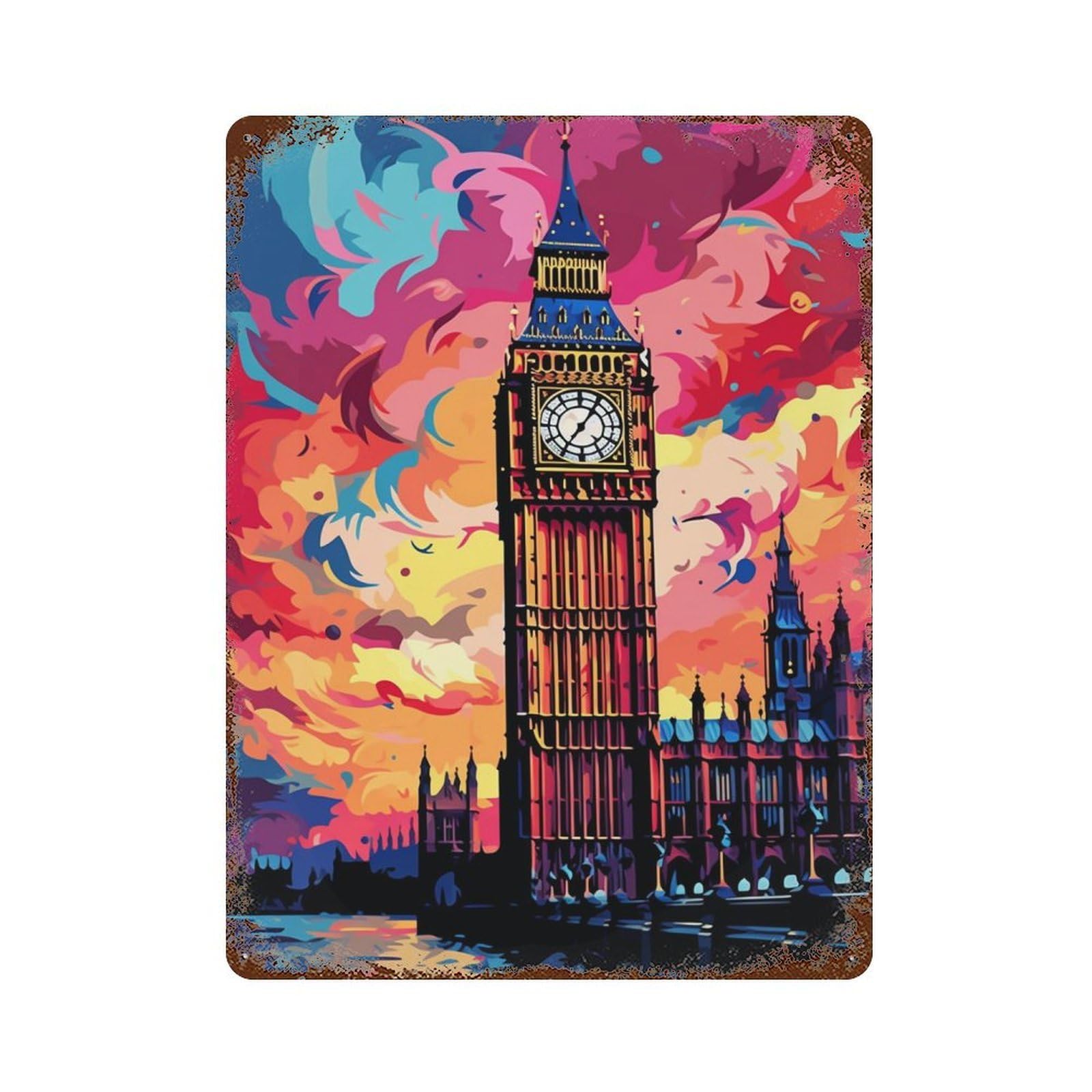 Garage Style London's Iconic Big Ben A Vibrant Sunset View Weathered Tin Sign 15.7"x11.8", Farmhouse Wall Decor for Bar And Workshop