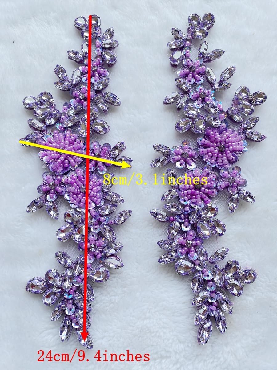 Handmade Bodice Rhinestones Applique Sewing Glass Beads Stones Crystal Trim Lace Patches for Dress Clothing Accessories 1pair/Bag 3.1X9.4inches (Pink)