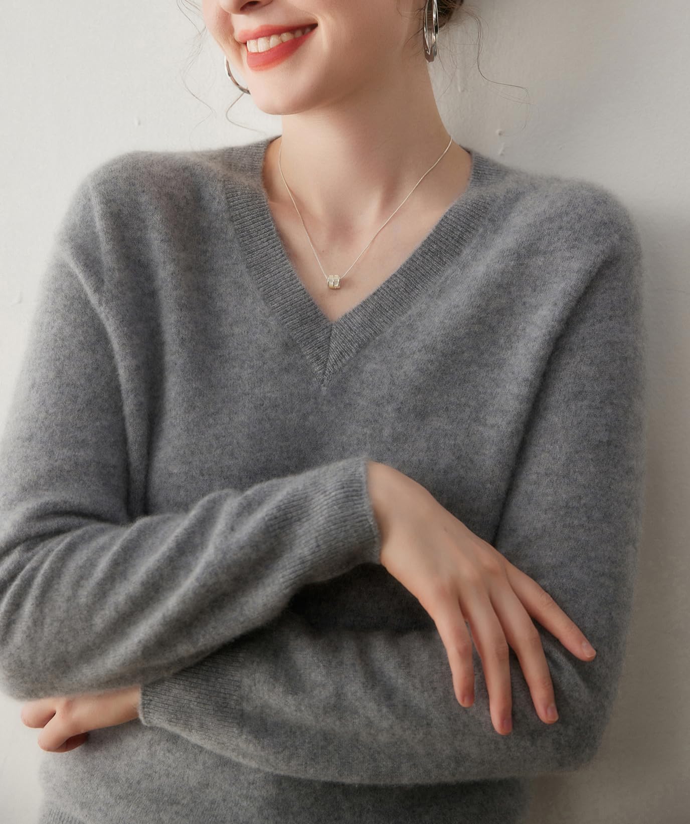 DISSA Pull Femme Col V Manches Longues Cachemire Laine,MA9005