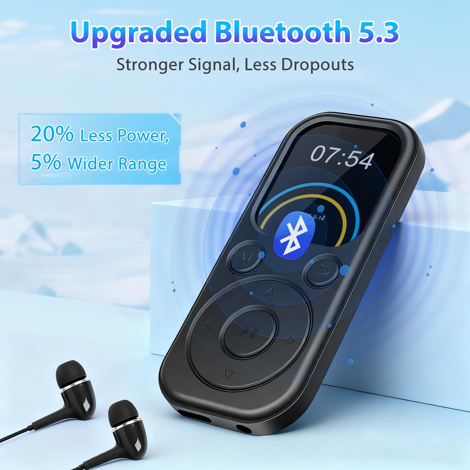 MP3 Player mit Bluetooth 5.3, Tragbarer Musikplayer mit 64GB Speicherkarte, FM Radio, Sprachaufnahme, HiFi Sound, MP3 & MP4 Player, Kinder MP3 Player, Kopfhörer inklusive, Unterstützt bis zu 128GB