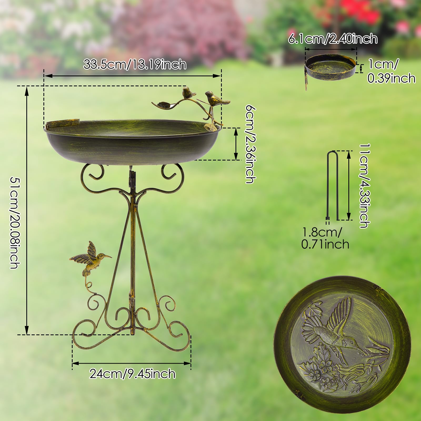 Vogeltränke Stehend 102x31cm Vogelbad Groß Retro mit 5-Krallen-Basis Kleine Schale Wassertränke für Vögel Rostschutz Kippschutz für Terrassen Rasenflächen Gartenoberflächen (Olivgrün)