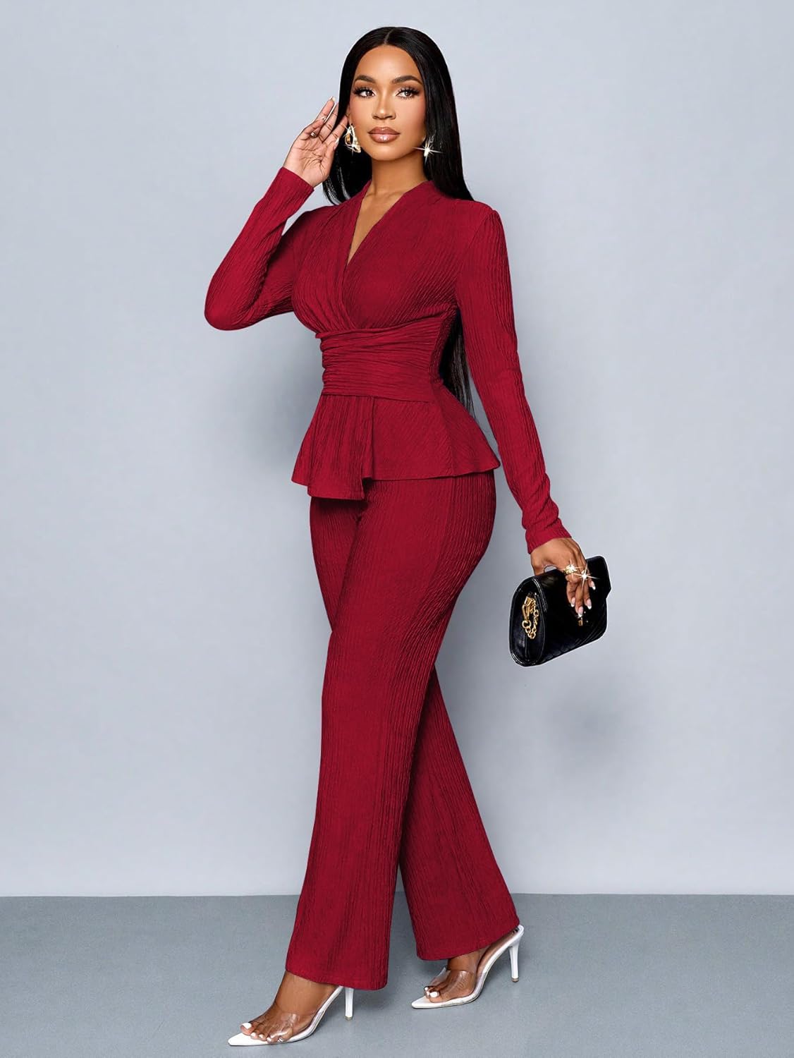 TOPSRANI Womens Bodycon Lounge Sets 2 Piece Outfits Casual Sweatsuits Tracksuit V-Neck Long Sleeve Cute Pants Sets - Image 5