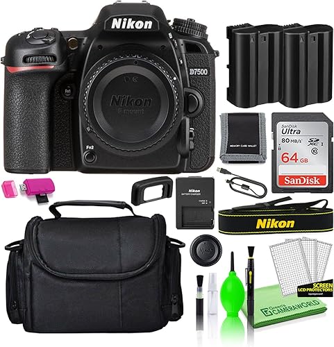 Nikon D7500 20.9MP DSLR Digital Camera (Body Only) (1581) Deluxe Bundle Kit with Sandisk 64GB SD Card + Large Camera Gadget Bag + Spare EN-EL15