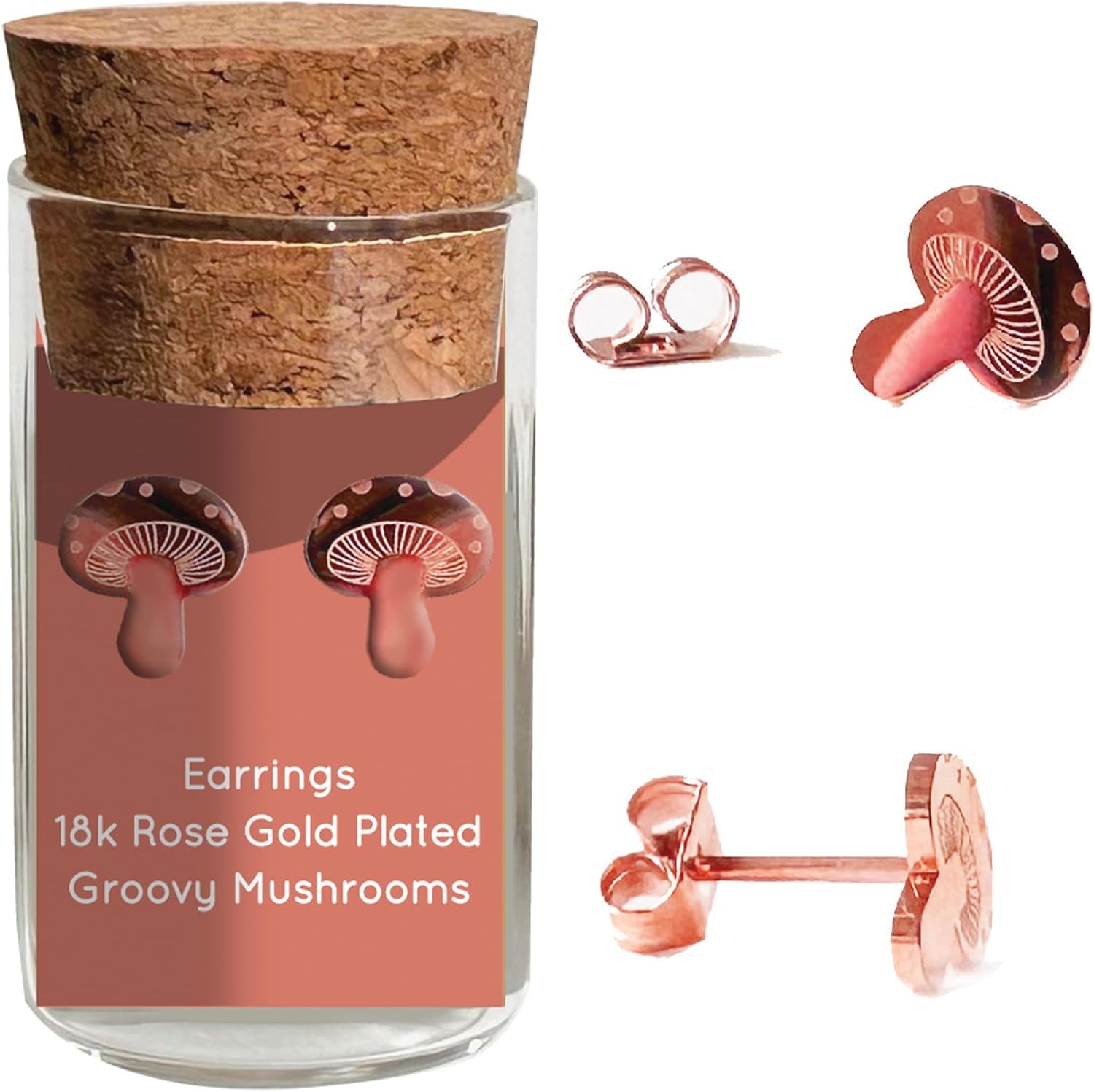 Groovy Mushroom Stud Earrings – Whimsical Nature-inspired Jewelry – Stainless Steel – 18k Gold – 18k Rose-Gold Plated – Cute Glass Jar Packaging – Plastic-Free