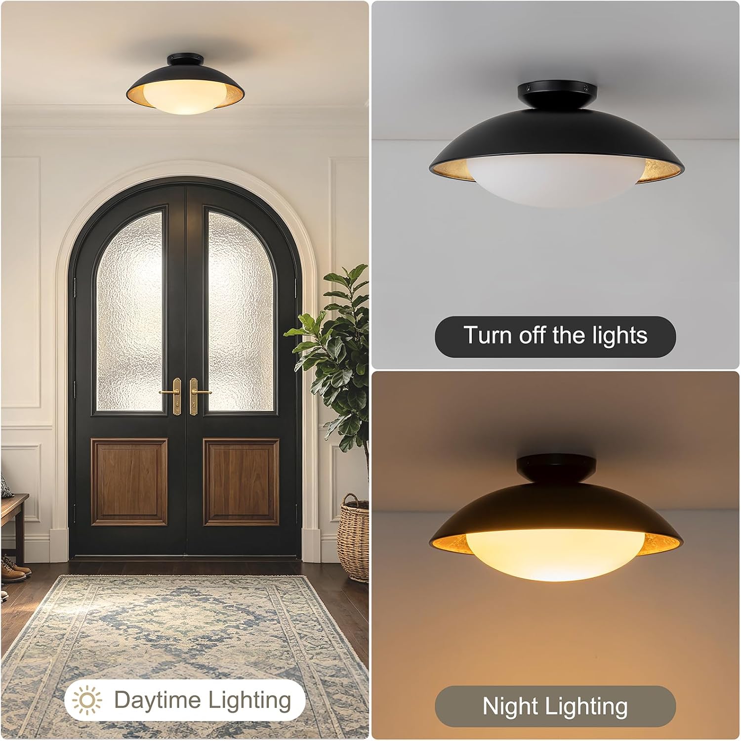 15.7In Mid Century Modern Ceiling Light, Black and Gold Leaf Semi Flush Mount Ceiling Light Fixture with Glass Shades for Kitchen Bedroom Hallway Foyer, E26 Base