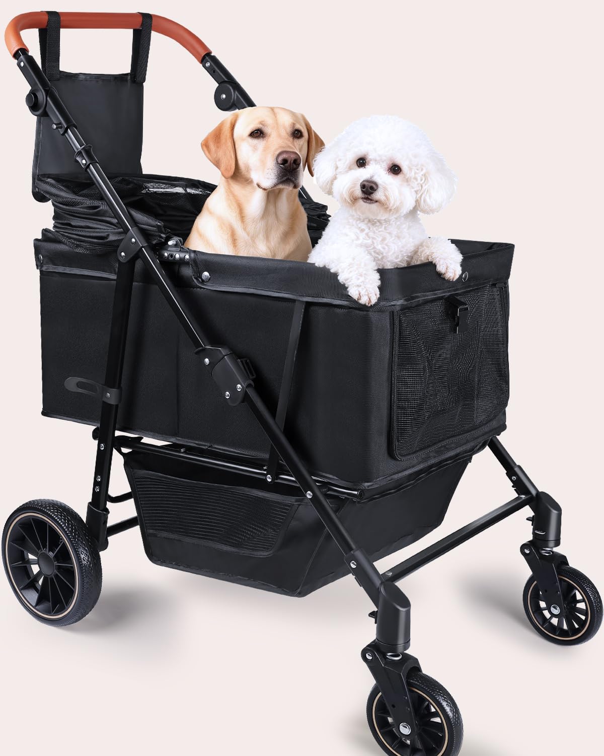 Dog Stroller for Large & Medium Dogs, Pet Stroller for 2 Small Dogs, Extra Large Heavy Duty, Foldable Design, Adjustable Handle, with Pocket, Up to 132 lbs(Drak Black)