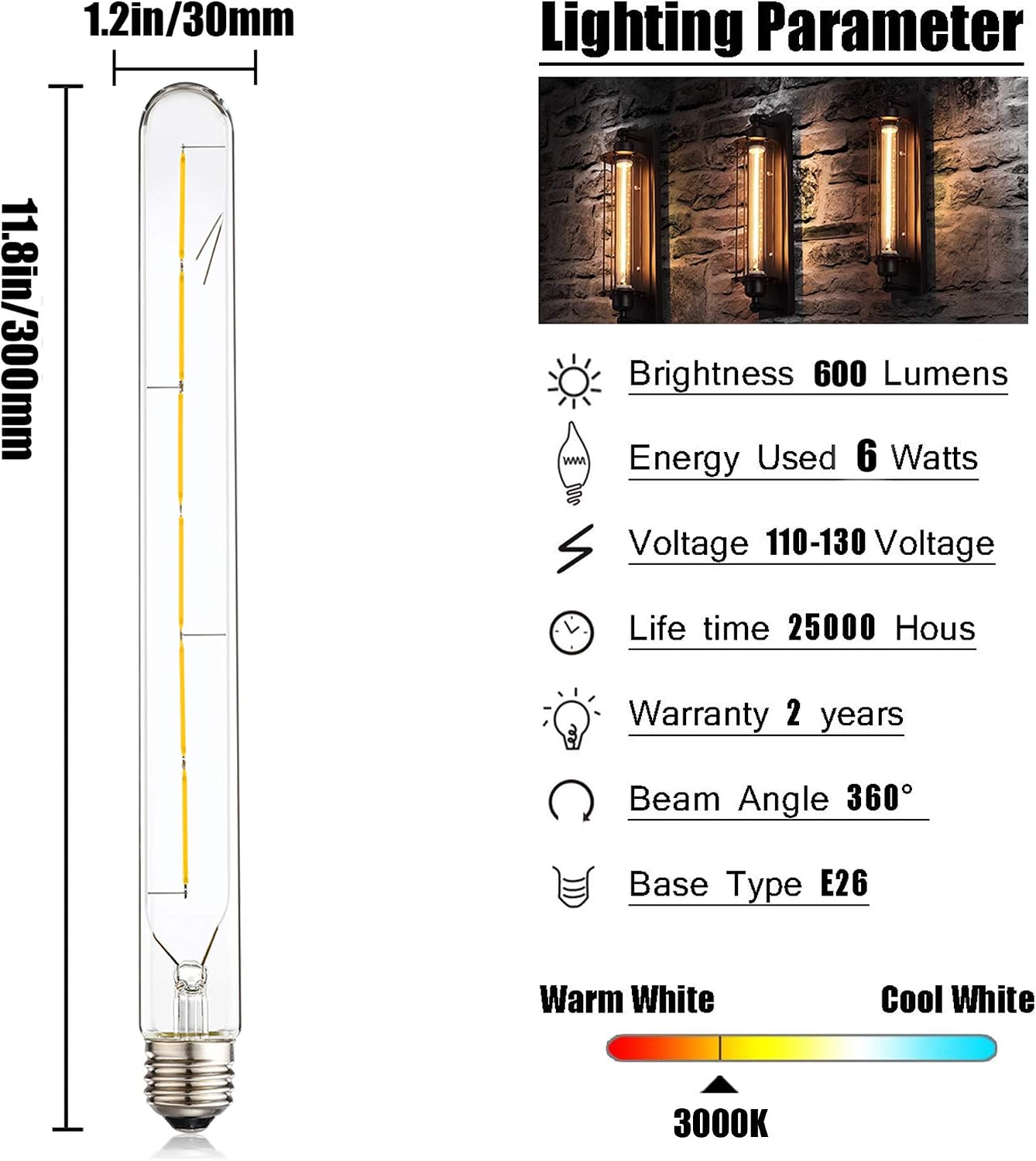 Dimmable Led Tubular Bulb 6W,3000K Soft White,T30 Long Tube Edison Led Vintage Filament Bulb,60W Equivalent,Clear Glass Cover, E26 Medium Base,4-Pack. (11.8in(300mm)-6W)