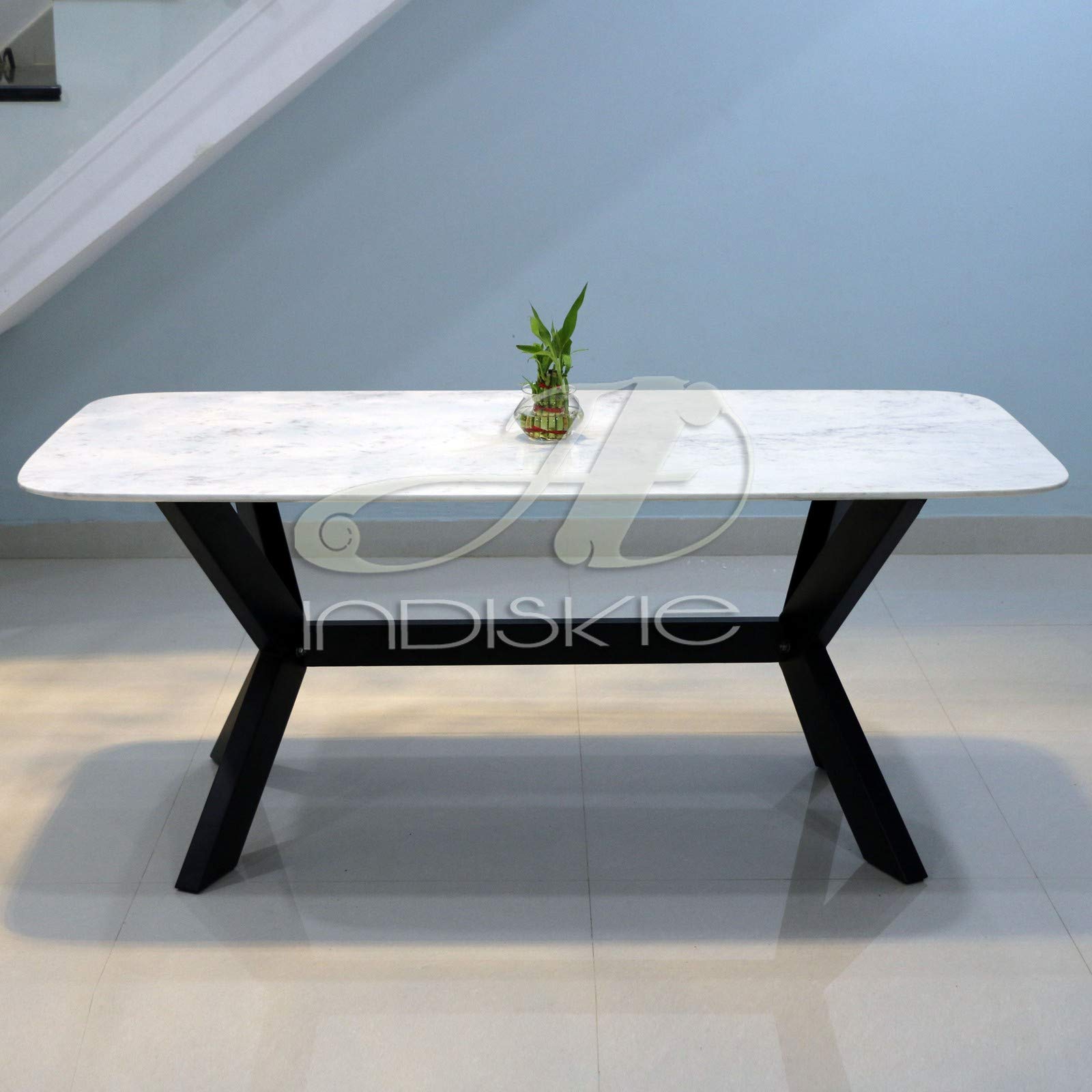 INDISKIE Six Seater White Natural Marble Top Dining Table with Black