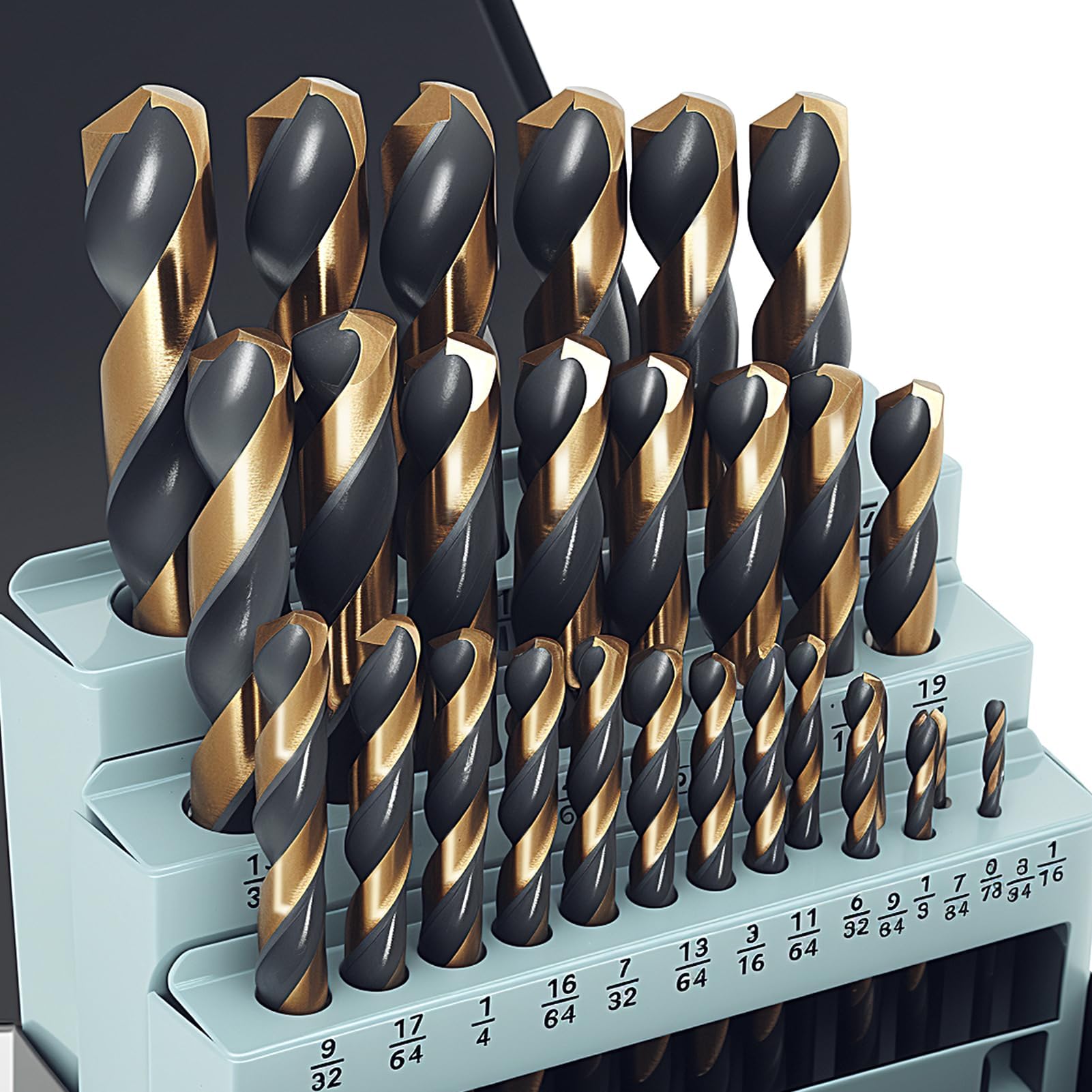 Zestaw wierteł kobaltowych 29 szt., końcówka 135 stopni, stal szybkotnąca z czarnym i złotym wykończeniem, stal nierdzewna, plastik i drewno z metalowym indeksowanym etui do przechowywania 1