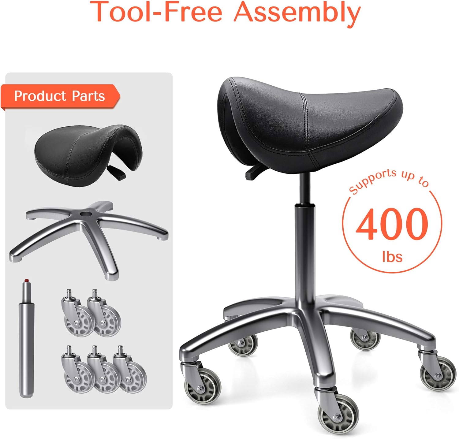 TASALON Saddle Stool - Ergonomic Saddle Chair - Comfortable Saddle Stool with Wheels - Swivel Salon Cutting Stool for Kitchen, Salon, Spa, Tattoo, Pedicure, Massage -Esthetician Chair – Black - Image 5