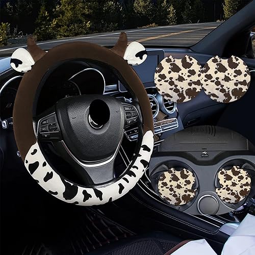 DTESL Cow Steering Wheel Cover for Women with 2PCS Car Coasters,Universal 14.5—1