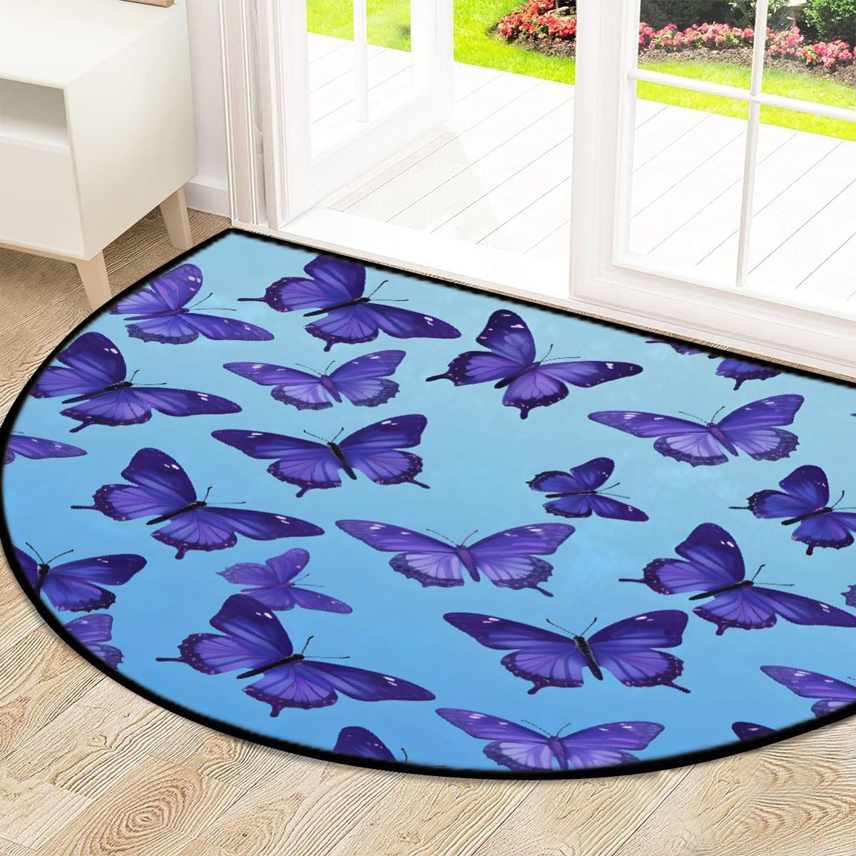 Mexpekil Paillasson demi-rond antidérapant lavable en demi-lune avec motif papillons bleus pour intérieur et extérieur - 100 x 160 cm