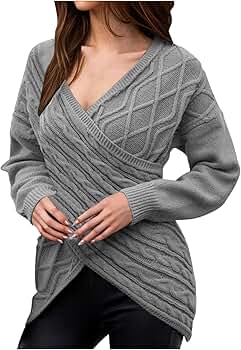 Womens Casual Deep V Neck Long Sleeve Sweaters Cross Wrap