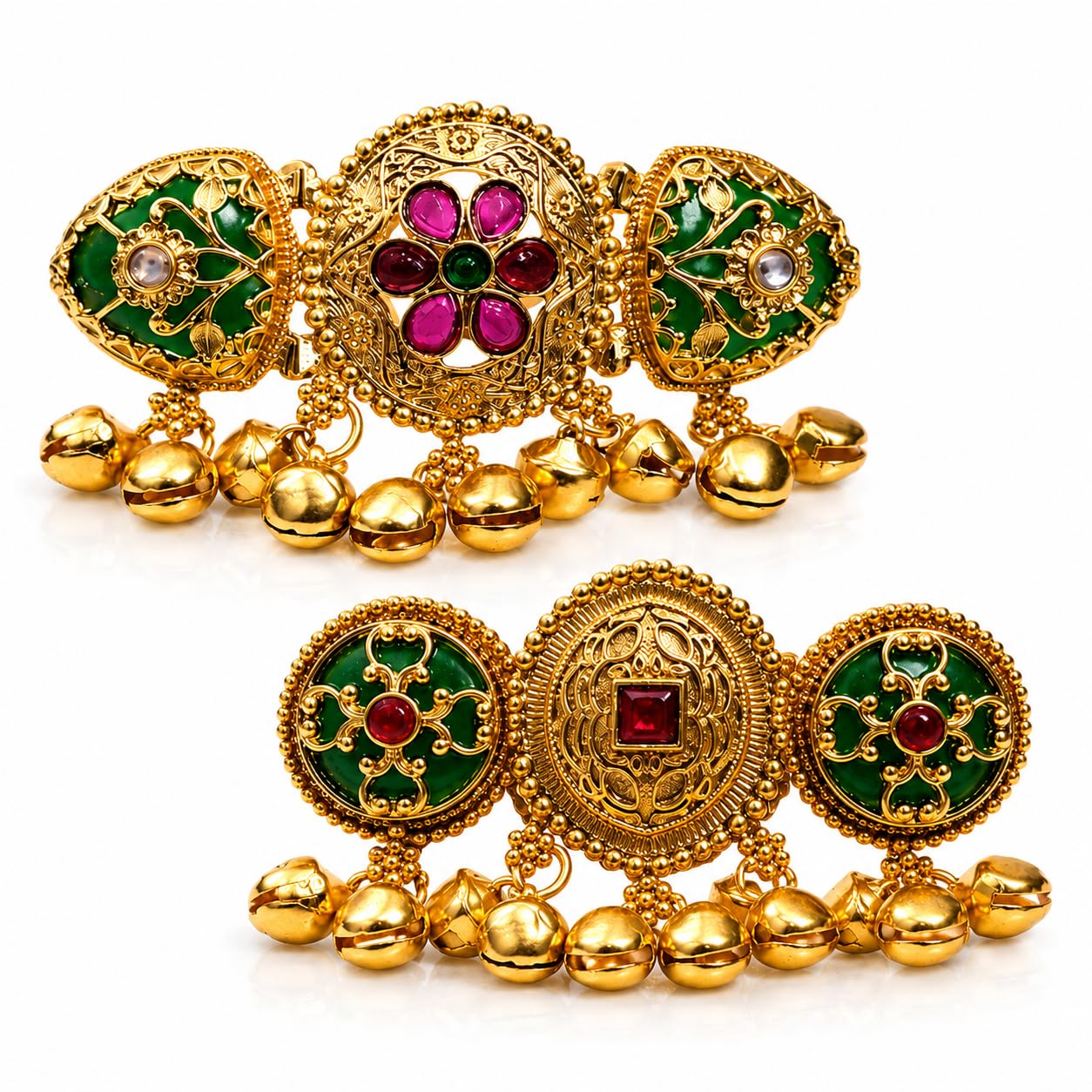stree store Gold Plated Antique Ring Combo Set for Women | Adjustable Temple Floral & Circular Kundan Rings with Green Artificial Stones and Ghunghru Charms | Traditional Ethnic Lattest Trending Fashion Jewellery Combo-picture-14