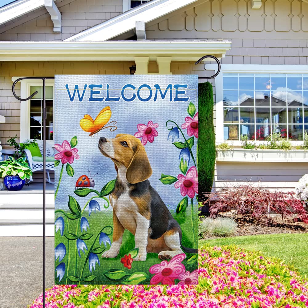 Gartenflagge „Welcome Dog“ – Doppelseitig, Aus Jute, 31,8x45,7 Cm, Wetterfest & Frühlingshaft