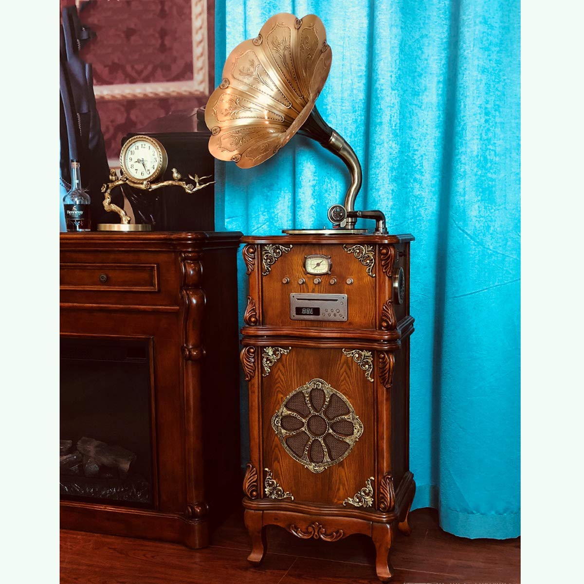 Staromodny gramofon, gramofon retro, duży głośnik z wbudowanym głośnikiem, z wieloma funkcjami, głośnik bluetooth w stylu retro, 3 prędkości, wejście 3,5 mm, wyjście RCA