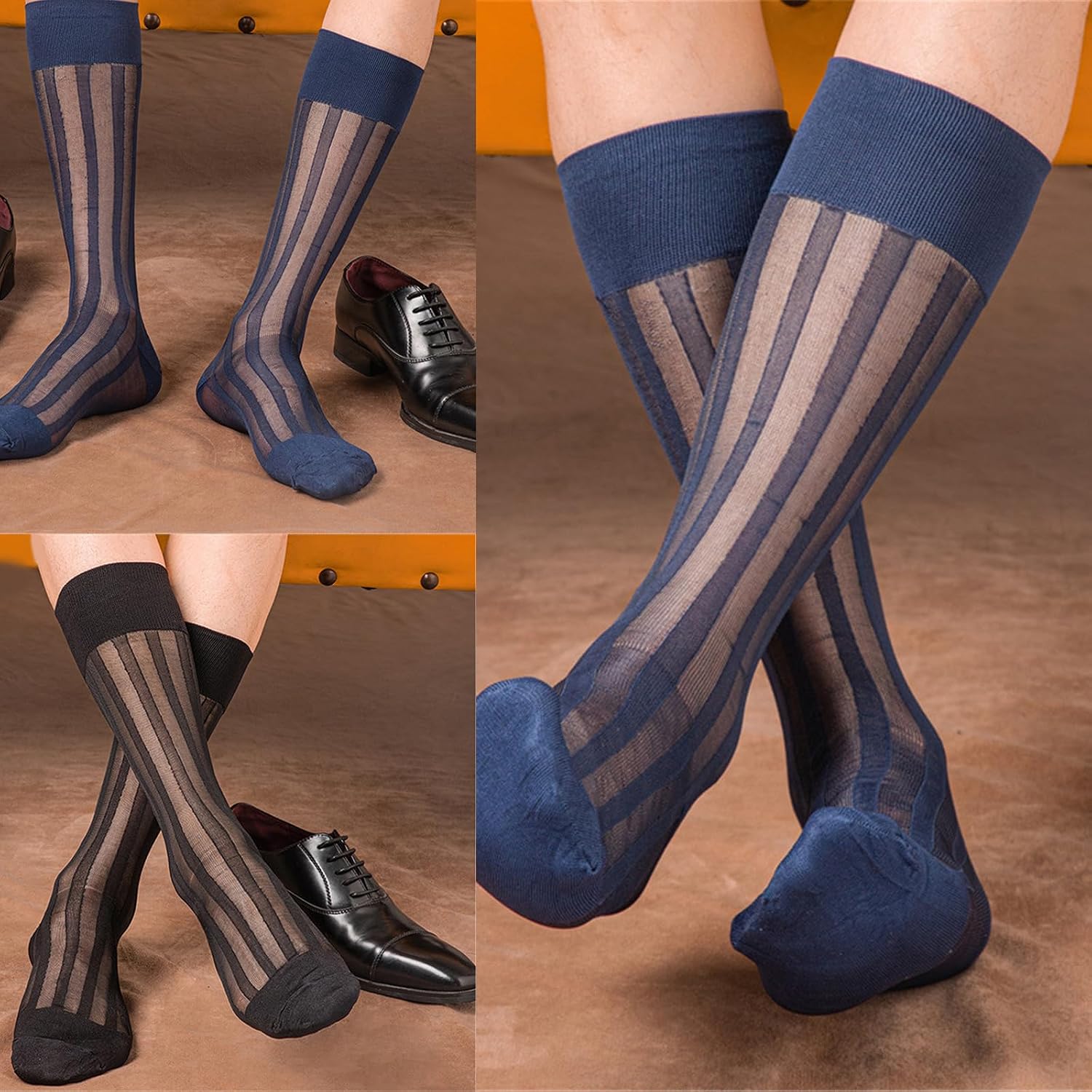 Suit Soft Breathable Nylon Sheer Dress Socks Thin See Through Silk Wide Stripe Calf for Formal Use Dress