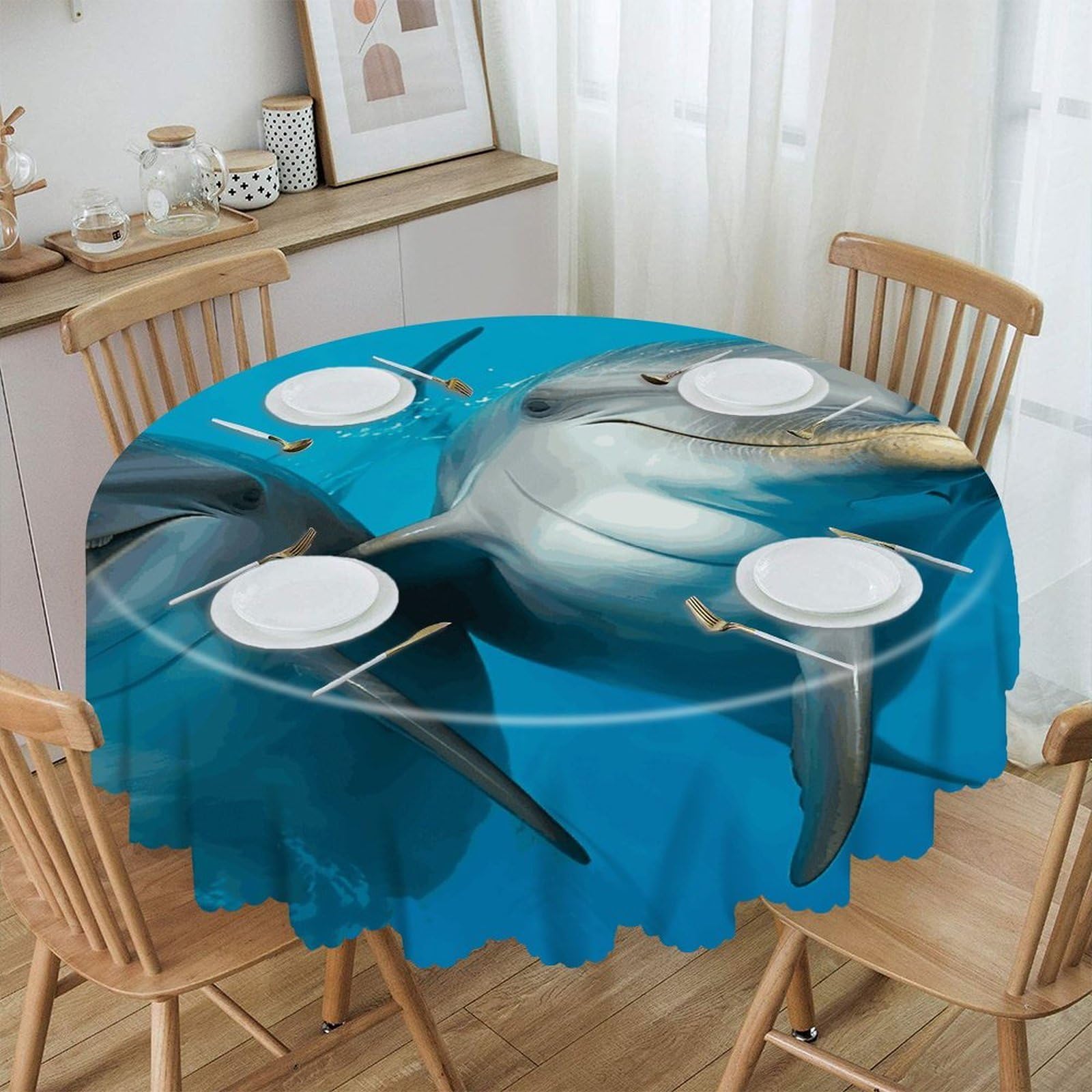 Adfgyerh Style Smiling Face Dolphins Table Cloth Easy To Clean, Home Decor Lace Design, Soft And Comfortable, Round Tablecloth Suitable For Homes, Restaurants, Hotels, Patio Tables, Etc.