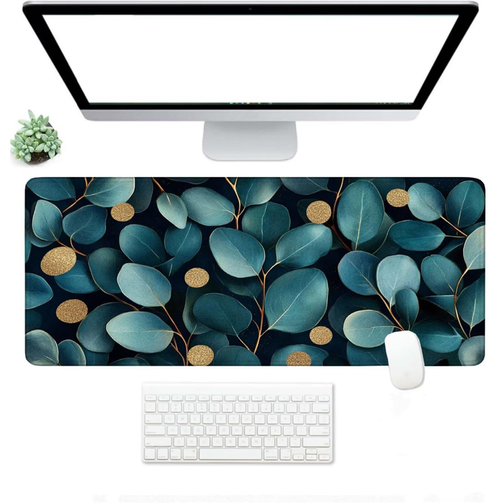 W-1092 Podkładka pod mysz XXL, 1500 x 800 x 3 mm, gamingowa podkładka pod mysz, zielona, z przyszytymi krawędziami, podkładka na biurko z antypoślizgową gumową podstawą, liście, podkładka pod mysz