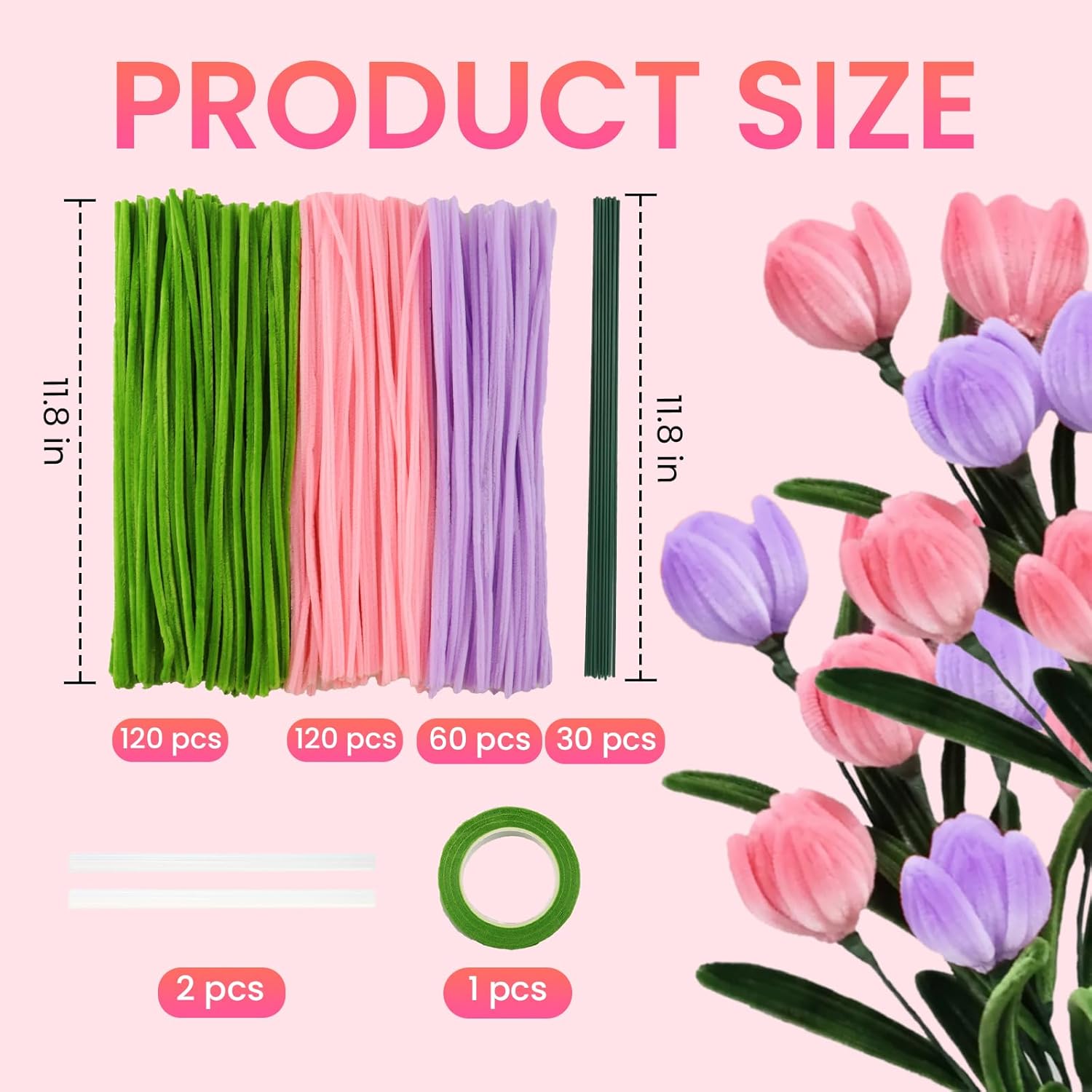 ESUOHYM Pipe Cleaners Craft Flower Kit Bulk Thick Chenille Stems Fluffy Fuzzy Sticks Pack Pipe Craft Kits with Instructions, Floral Stem, Floral Tape, Hot Glue Sticks Arts and Craft Supplies Tulip