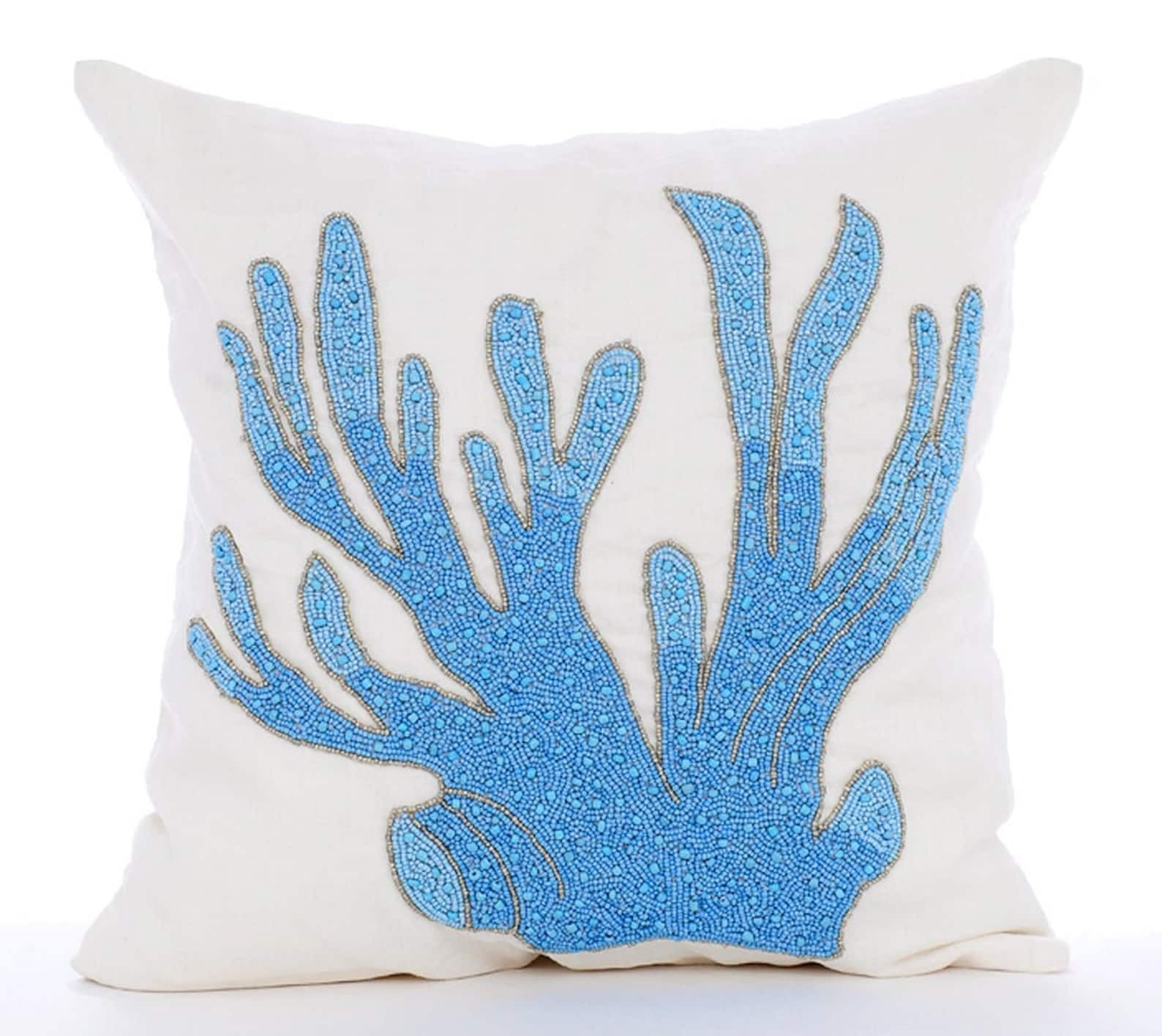 The HomeCentric Aqua Blue Euro Shams, Pack of 2, 65x65 cm (26"x26") Euro Shams, Sea Weeds Beach And Ocean Theme Euro Cushion Shams, Square Silk Euro Cushion Shams, Floral Modern Euro - Coral Treasure โ image 1