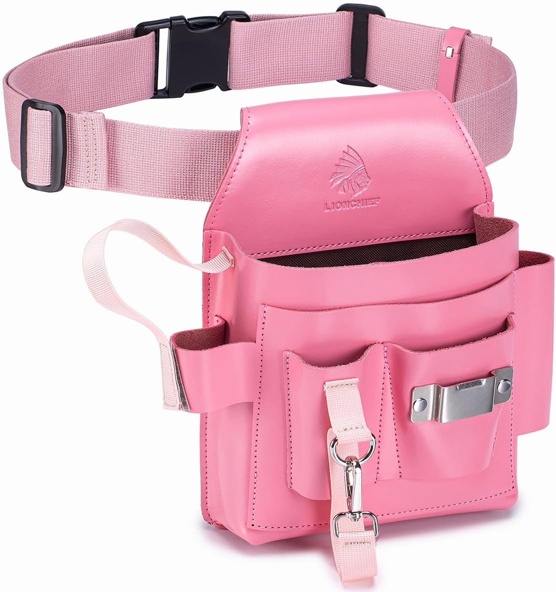 Genuine Leather Electrician Tool Pouch and Belt, Large Adjustable Leather Tool Belt with Multi-Pockets for Electricians, Pink
