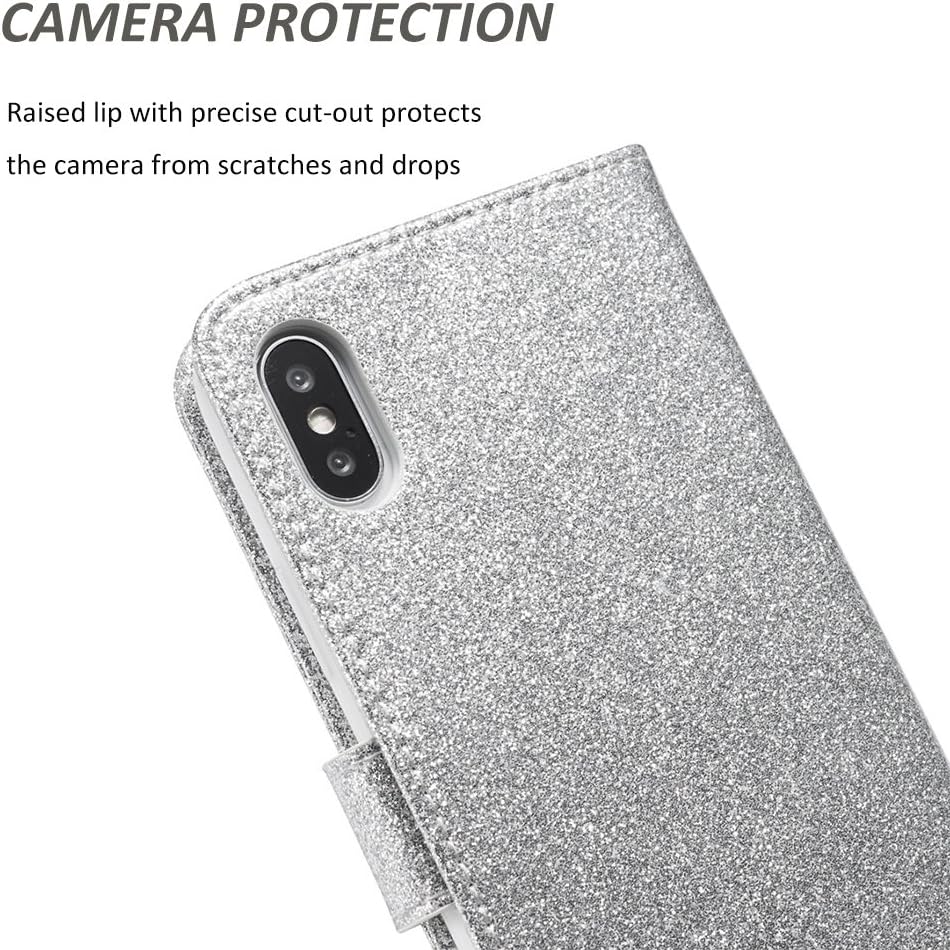 UEEBAI Wallet Flip Case for iPhone XR, Premium Glitter Glossy PU Leather Case with Diamond Buckle [Card Slots] [Magnetic Clasp] Stand Function Rhinestone Strap Handbag Soft TPU Cover - Silver