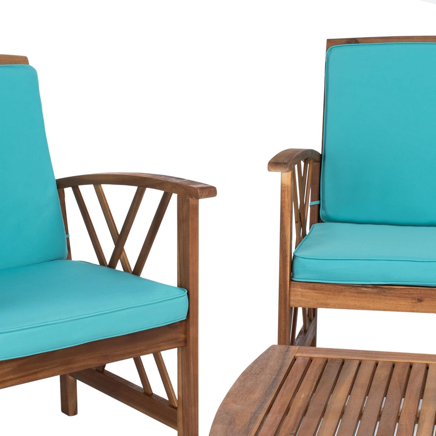 SAFAVIEH Outdoor - Fontana 4-Piece Conversation Set - Brown & Aqua - Solid Wood - Double-X Motif with Cushions - Ideal for Patio, Deck, Porch, Backyard (PAT7008Q)