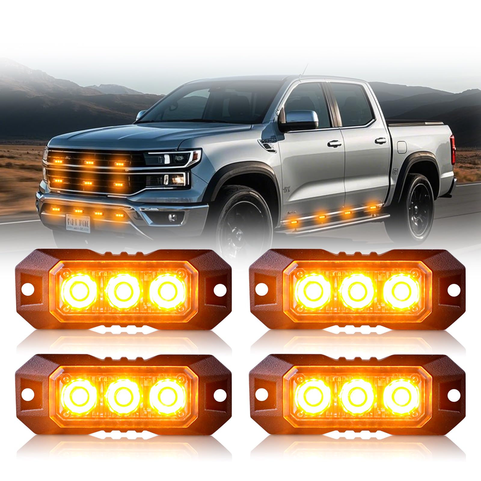 Nrgedzam 4PCS 3 LED Strobe Lights Surface Mount Flashing Emergency Warning Amber Strobe Lights for Trucks Vehicles Sync Featur Ultra Slim Grille