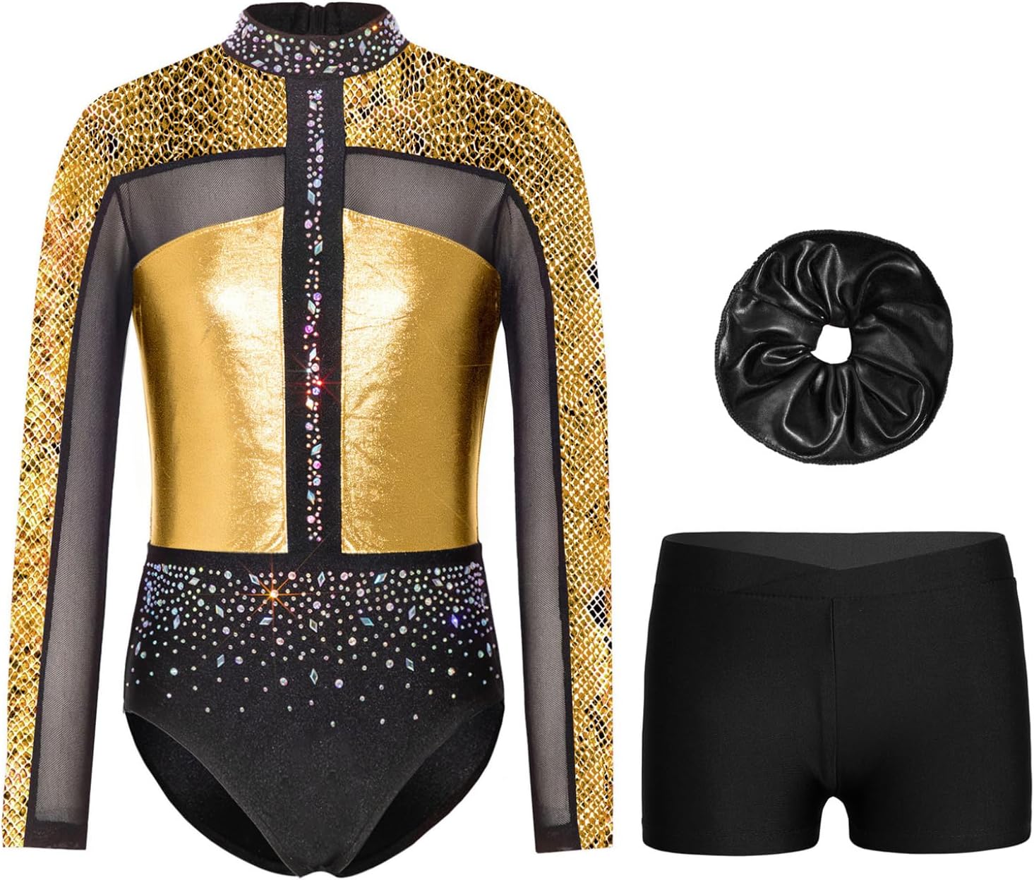 TTAO Gymnastics Leotard for Girls Long Sleeve Sparkly Rhinestone Ballet Tumbling Outfits with Shorts with Hairtie