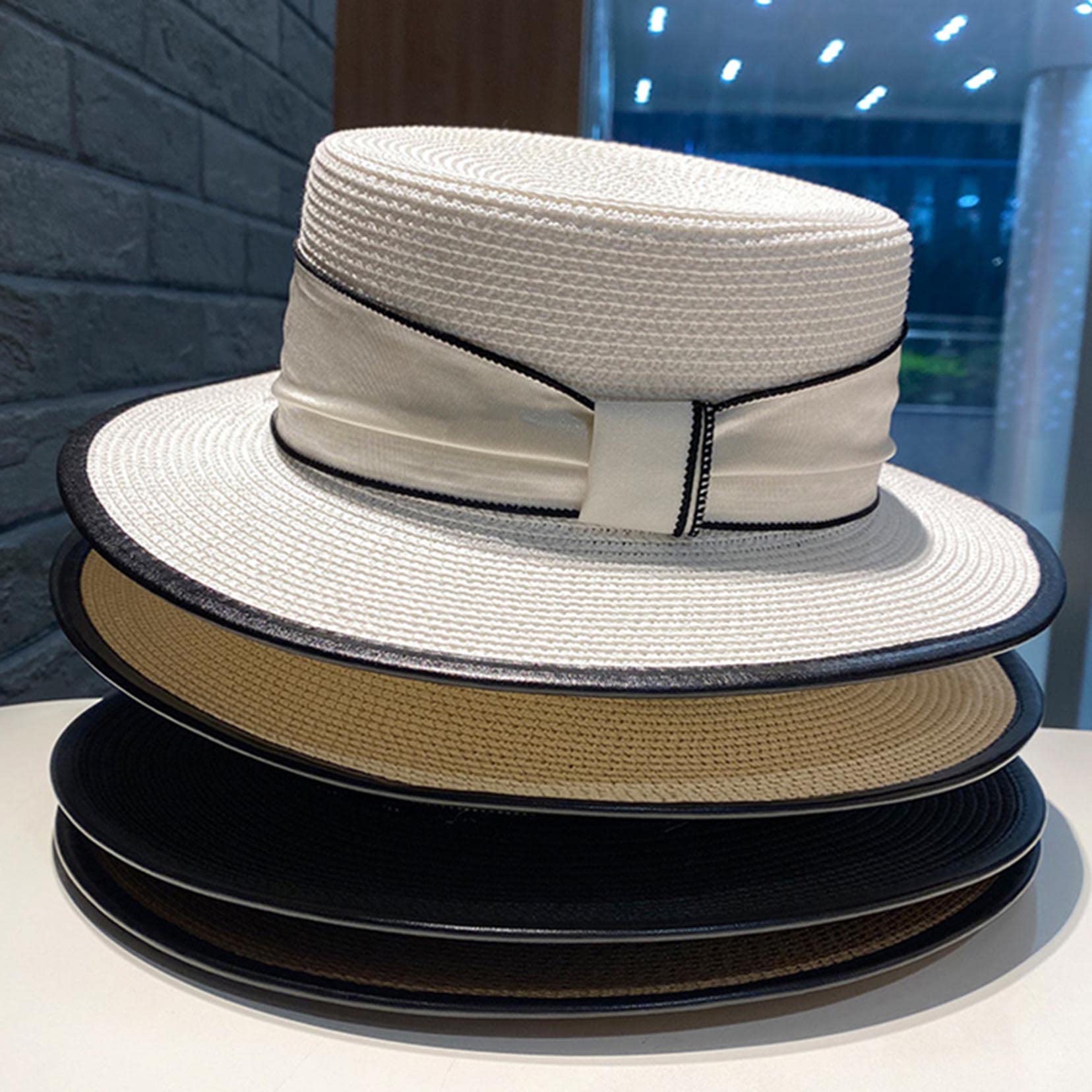 Frauen Vintage Strohhut Boater Hut Verstellbarer Sommer Flat Top Fedora Hut mit Bandband khaki-56-58cm