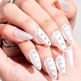 GLAMERMAID Nude White 3D Press on Nails Medium Almond, Rhinestone Handmade Jelly Gel Fake Nail Stiletto Kit, Ombre Glitter Magnetic Glue on Nail Short Oval, Normal Stick on False Nail Set for Women