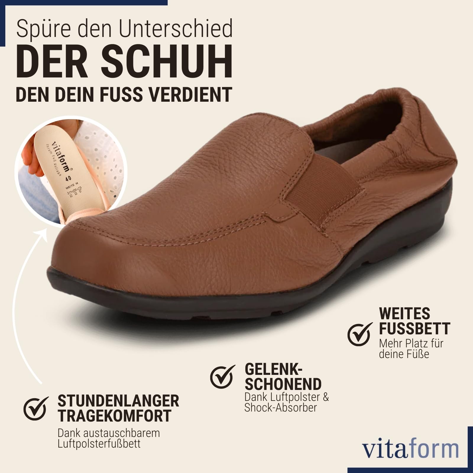 VITAFORM® Mokassins für Herren | Slipper | atmungsaktives Hirsch-Leder | Shock Absorber | austauschbares Luftpolster-Fußbett | weich und geschmeidig | für Normale bis kräftigere Füße