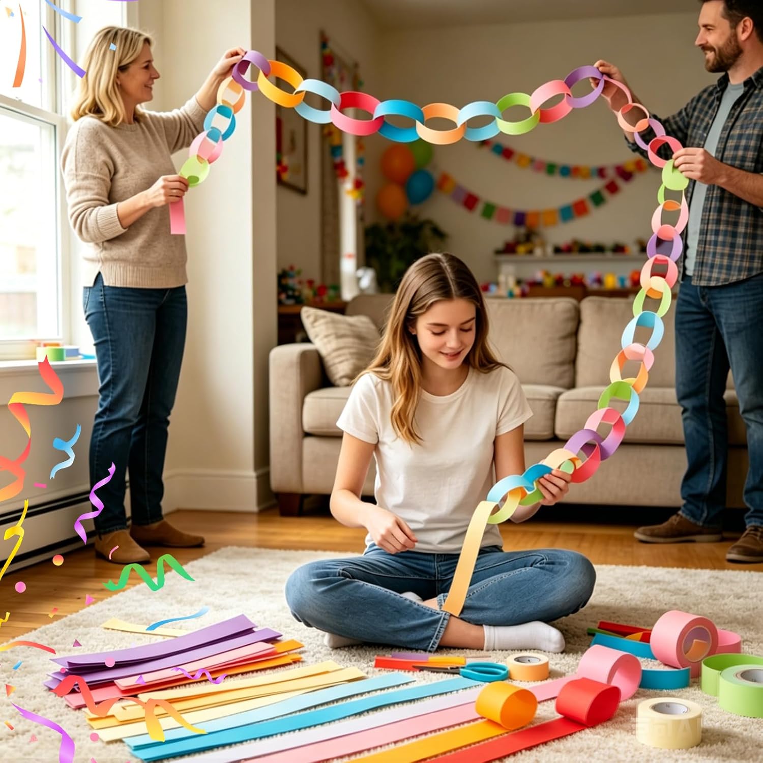 1000 Sheet Paper Chain Strips & Garland Set with 10 Rolls Crepe Paper Streamers+52.8ft Gold Star Garlands,Construction Paper Chain Kit for Birthday,Wedding,Classroom,Party Decorations DIY Crafts