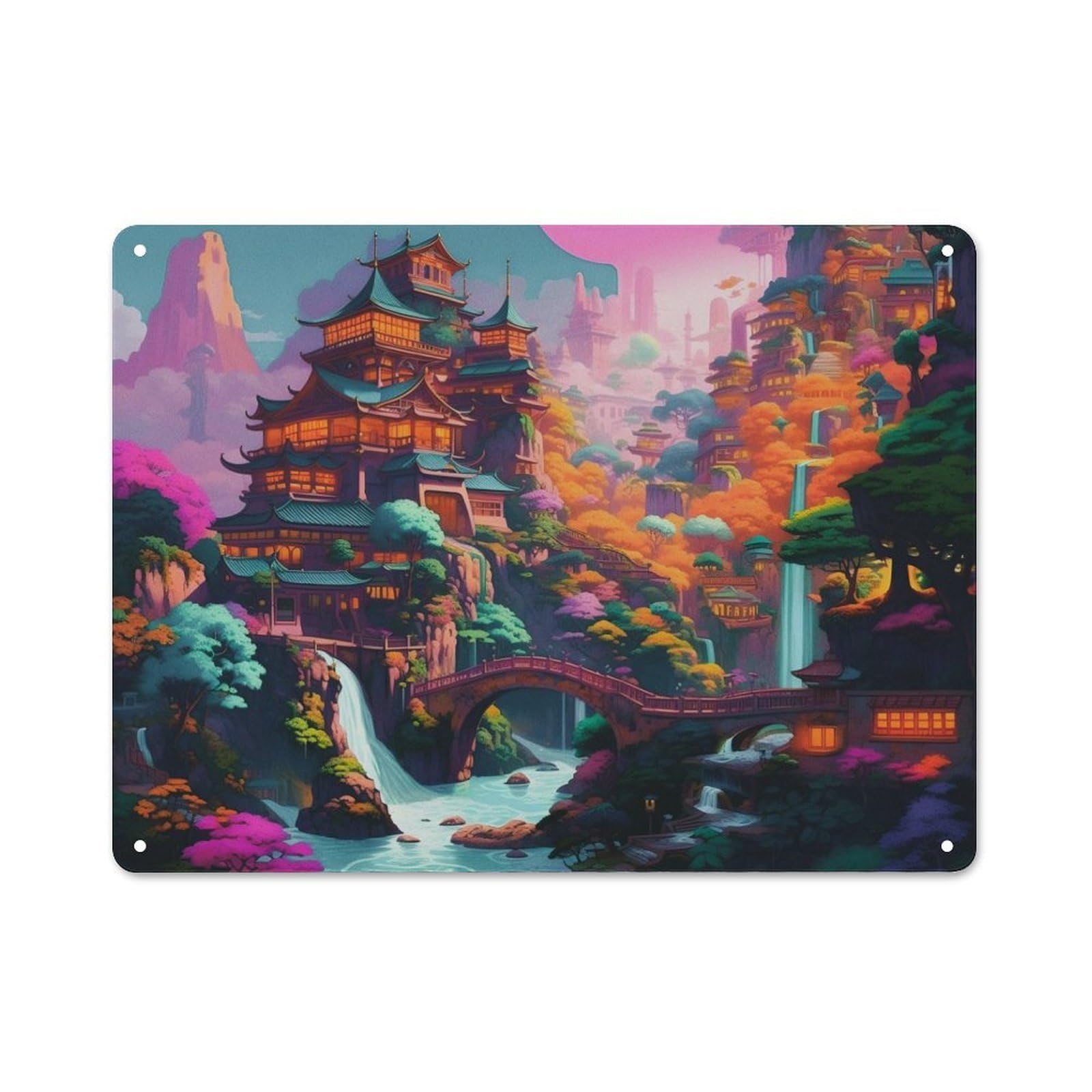 Junmoney Style-15 Classic Metal Plaque 30X40cm Featuring Fantasy Landscape 12, Bistro Wall Plaque For Kitchen, Cafe, Pantry Or Dining Room